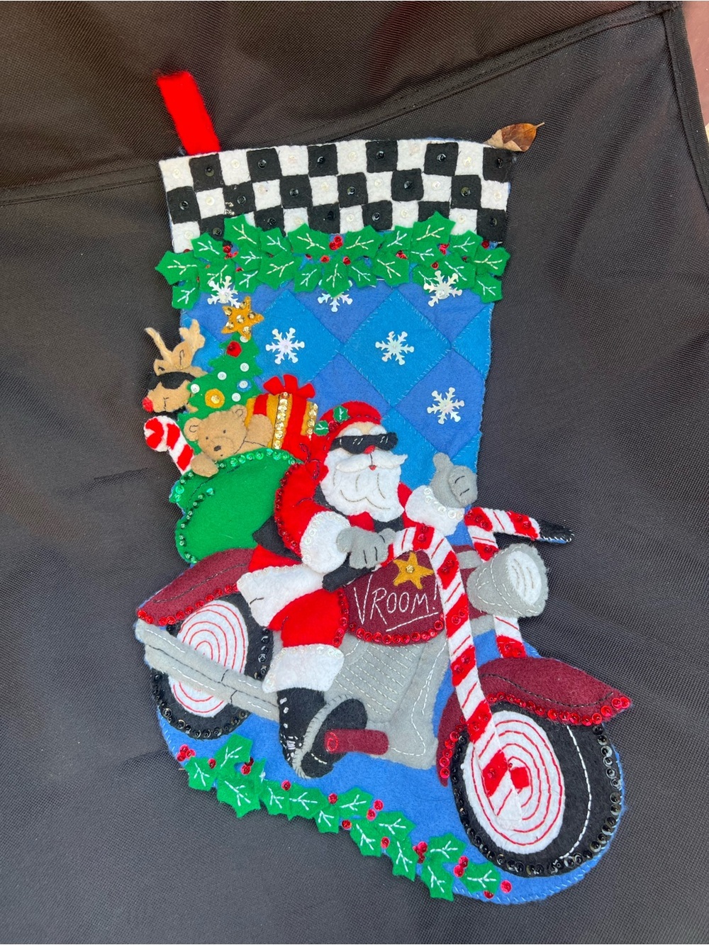 Bucilla Red and Blue Motorcycle Santa Christmas Stocking